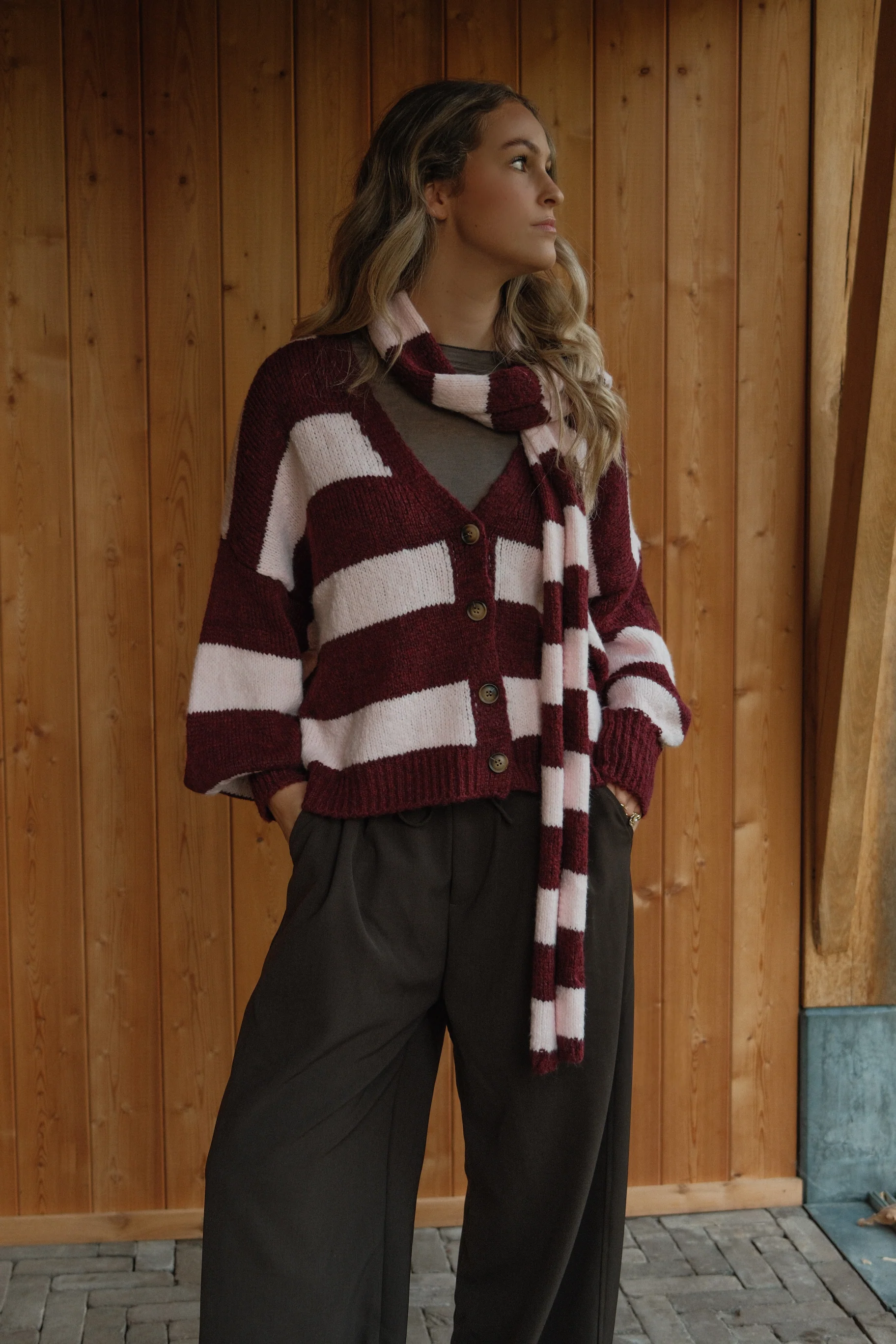 OVERSIZED STRIPED SCARLETT CARDIGAN PINK/BORDEAUX (WITH SCARF) - Image 13