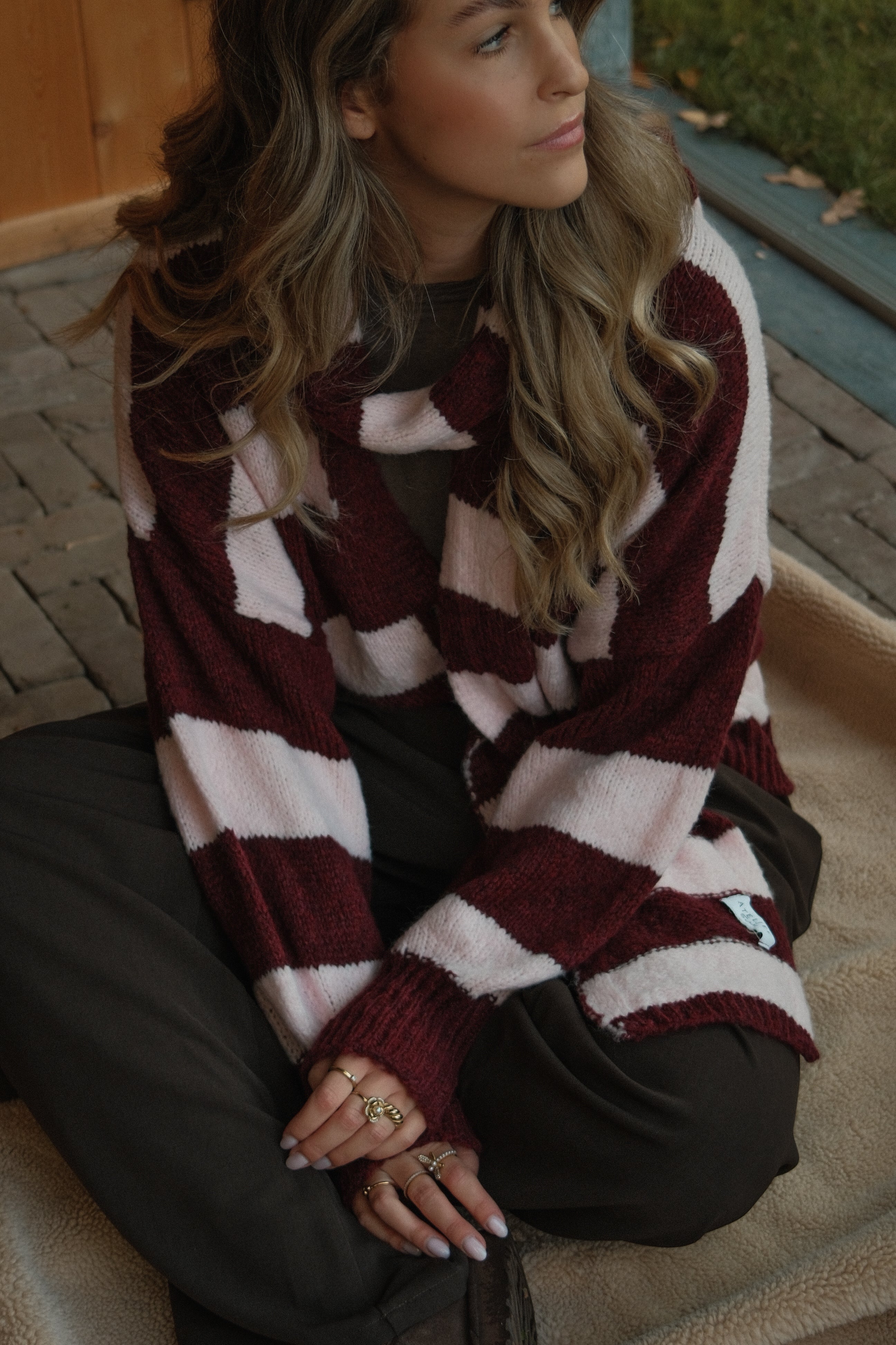 OVERSIZED STRIPED SCARLETT CARDIGAN PINK/BORDEAUX (WITH SCARF) - Image 21