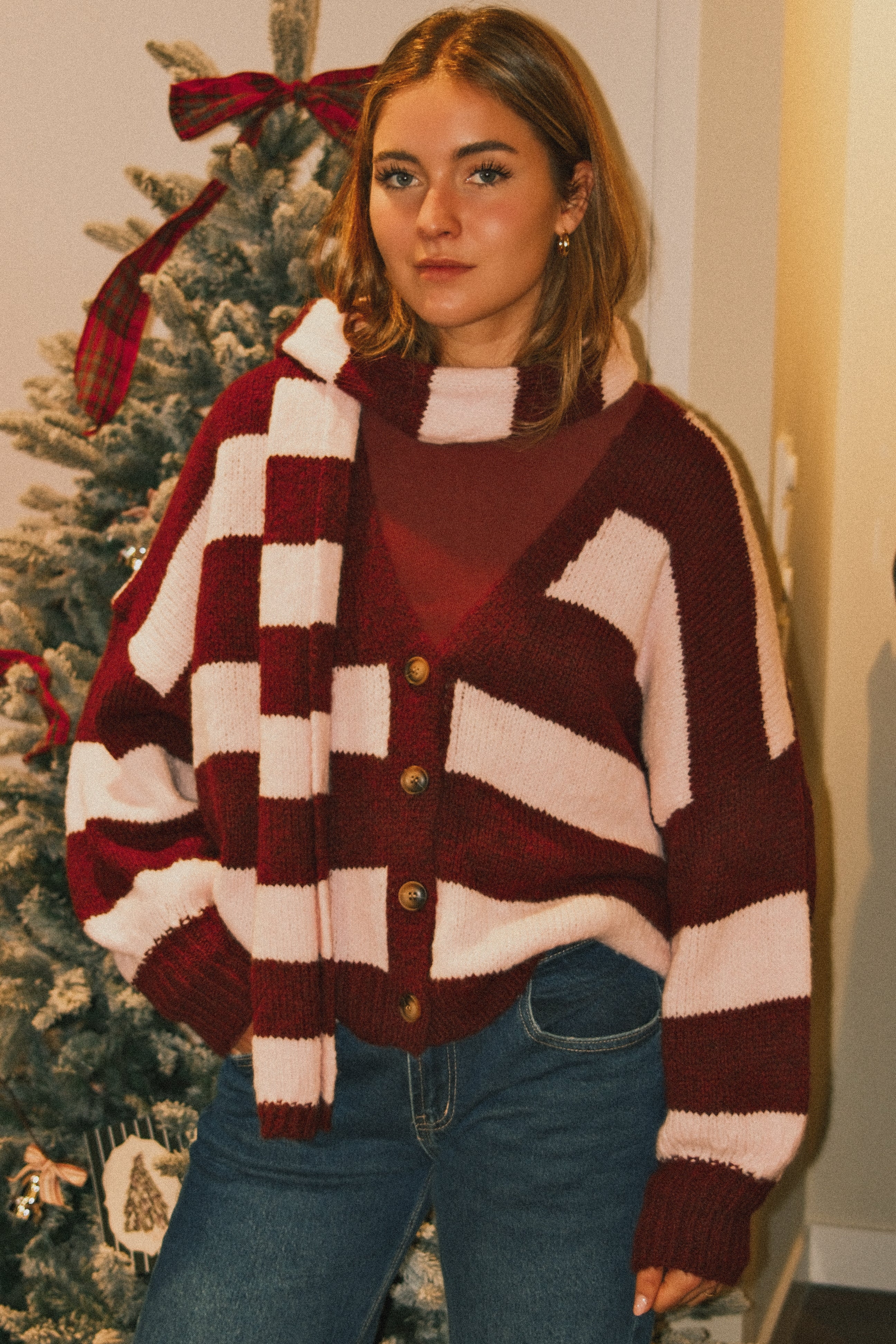 OVERSIZED STRIPED SCARLETT CARDIGAN PINK/BORDEAUX (WITH SCARF) - Image 3