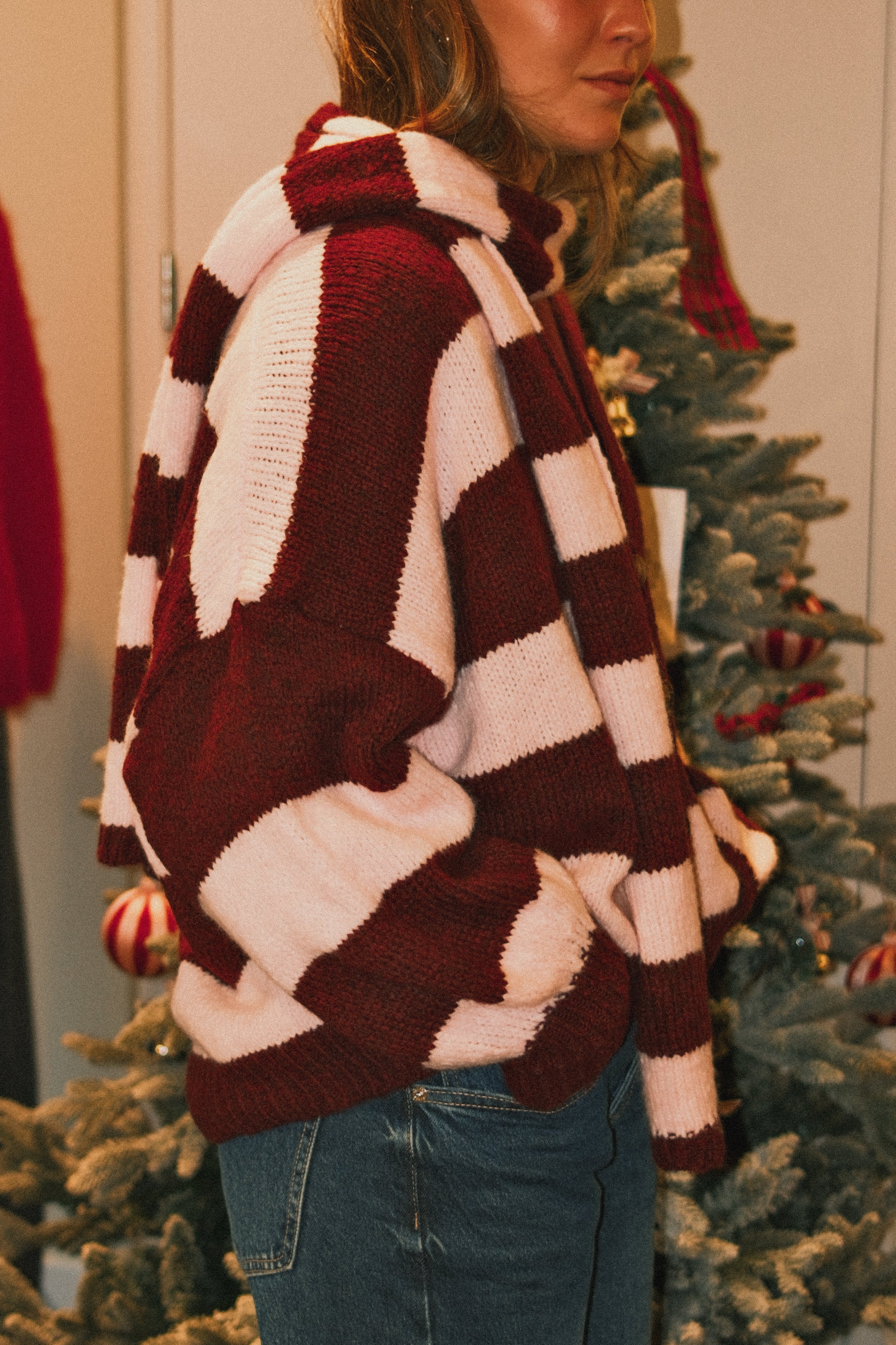 OVERSIZED STRIPED SCARLETT CARDIGAN PINK/BORDEAUX (WITH SCARF) - Image 6